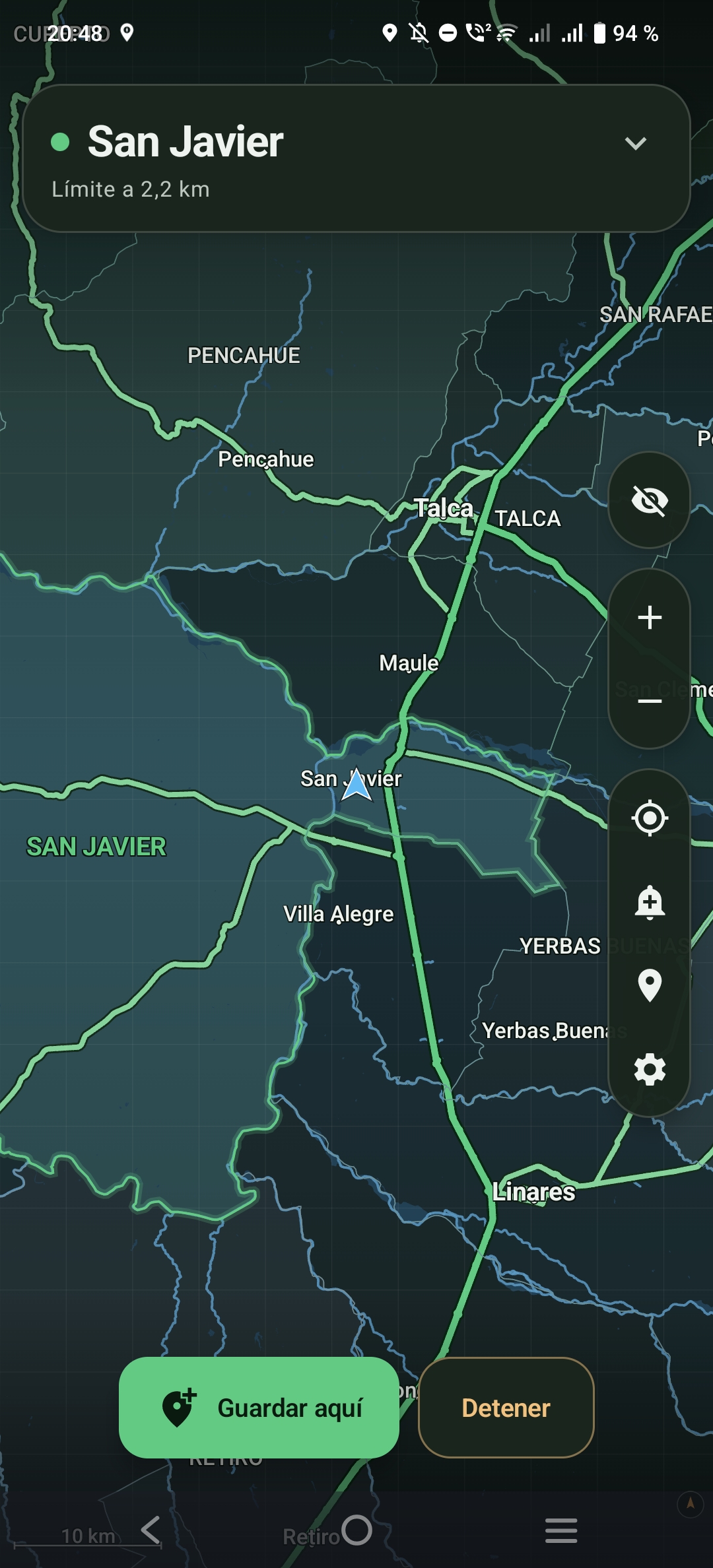 Terralis mostrando la comuna de San Javier a escala de región, con los límites comunales en verde y los ríos en azul.